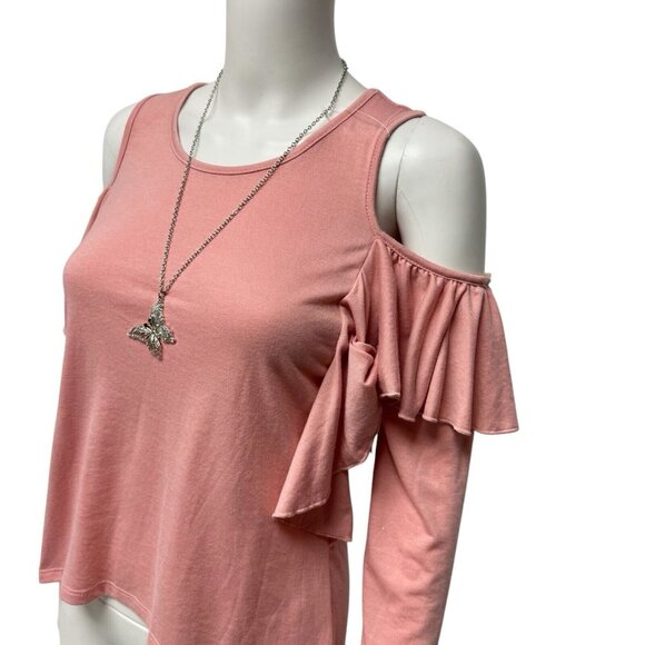 Arizona Junior open shoulder top long sleeve pink with necklace size XL (16) - Picture 6 of 11